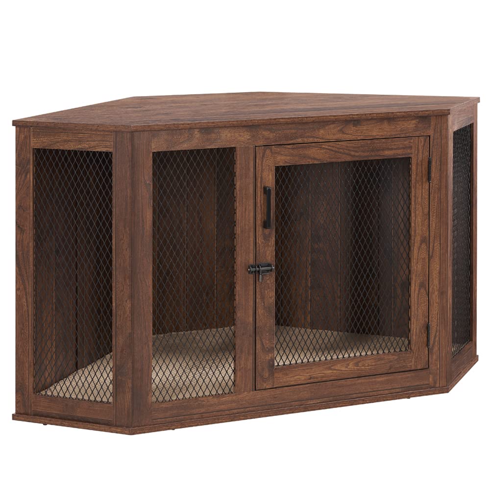 unipaws Furniture Corner Dog Crate with Cushion, Dog Kennel with Wood and Mesh, Dog House, Pet Crate Indoor Use, Perfect for Limited Room (Large, Walnut)