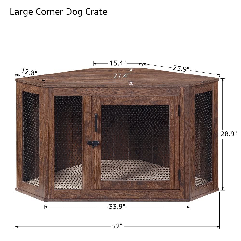 unipaws Furniture Corner Dog Crate with Cushion, Dog Kennel with Wood and Mesh, Dog House, Pet Crate Indoor Use, Perfect for Limited Room (Large, Walnut)