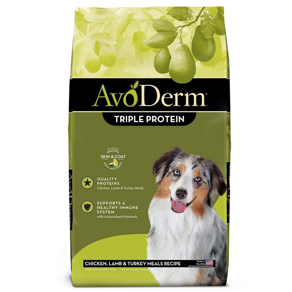 AvoDerm Natural Triple Protein Meal Formula Dry Dog Food, 30-Pound