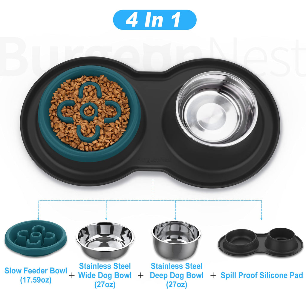 BurgeonNest Slow Feeder Dog Bowls 27oz Stainless Steel 4 in 1