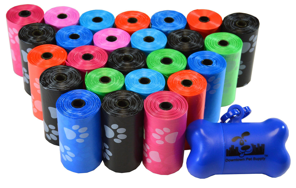 500 Pet Waste Bags, Dog Waste Bags, Bulk Poop Bags with Leash Clip and Bone Bag Dispenser - (500 Bags, Rainbow with Paw Prints)