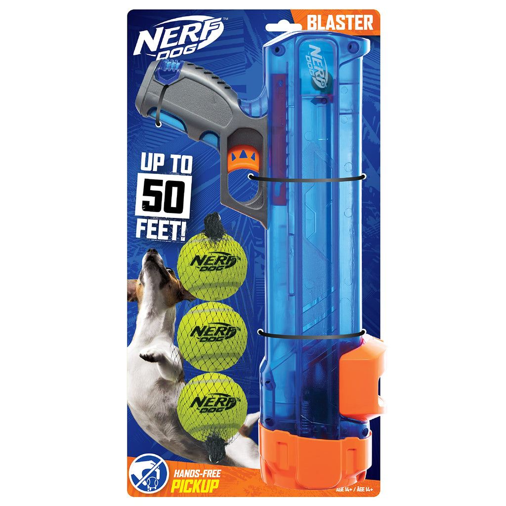 Nerf Dog Compact Tennis Ball Blaster Gift Set with 3 Balls, Great for Fetch, Hands-Free Reload, Launches up to 50 ft, Single Unit, Includes 3 Nerf Balls, 4791, Translucent Blue