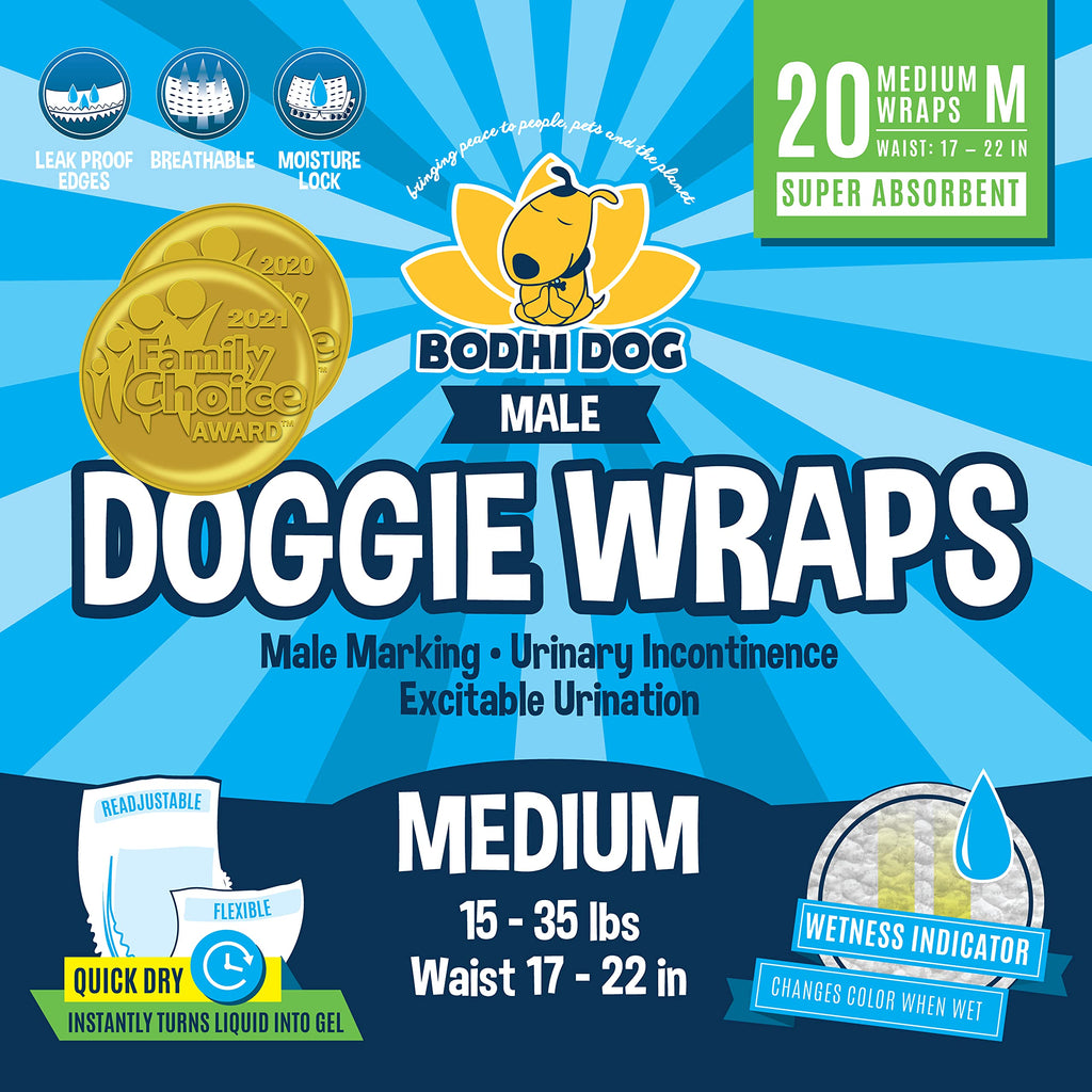 Bodhi Dog Disposable Dog Male Wraps | 20 Adjustable Pet Diapers with Moisture Control and Wetness Indicator | 20 Count Medium Size