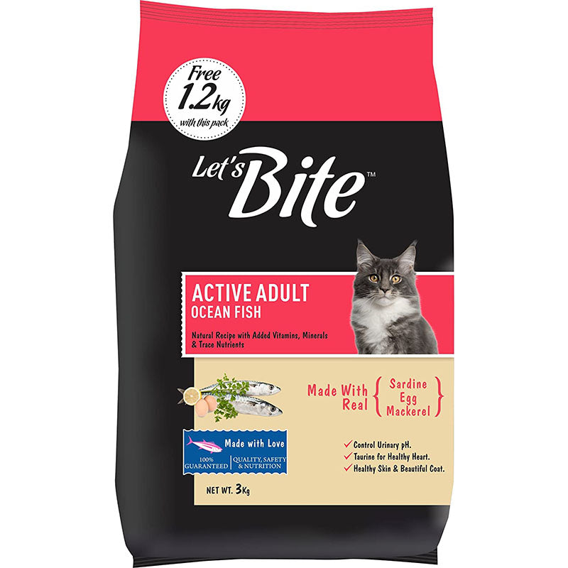Let's Bite Active Adult Cat Food, 3kg (1.2 kg Free Inside)