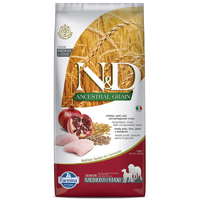 Farmina N&D Senior Adult Chicken and Pomegranate Ancestral Grain Dry Dog Food for Medium and Maxi Breed