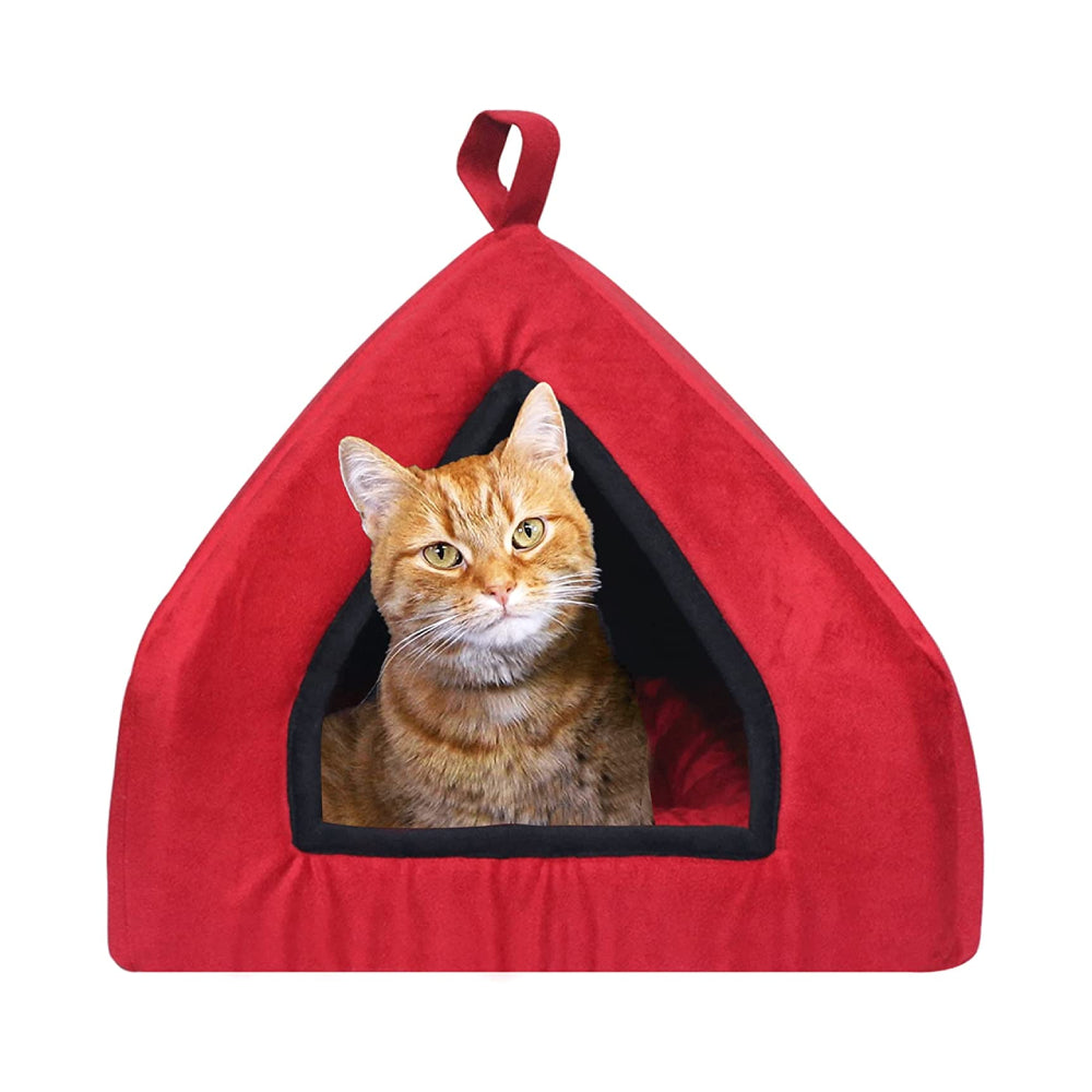 Hiputee Luxurious Soft Velvet Hut Bed for Toy Breed Dogs and Cats Red