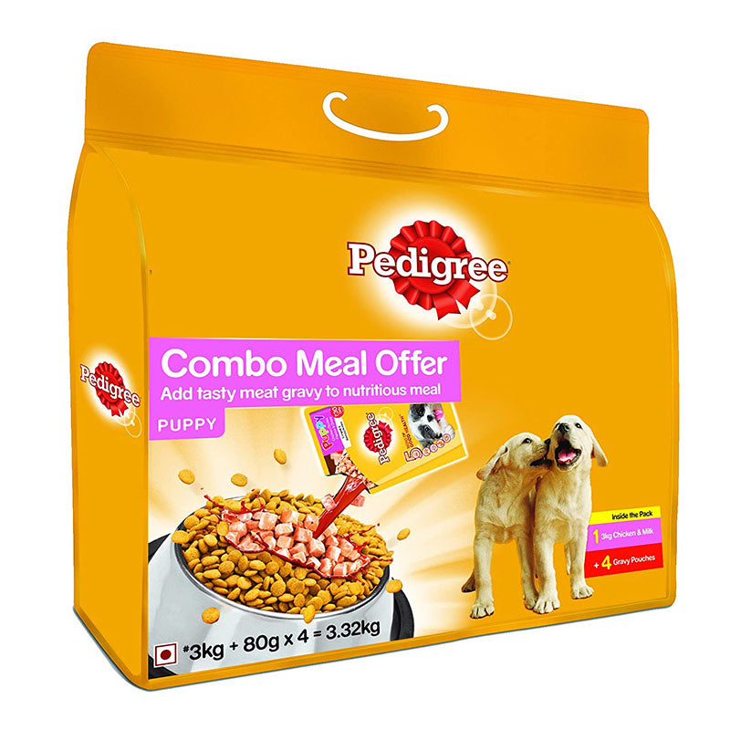 Pedigree Puppy Combo - Chicken & Milk Dry Dog Food, 3 kg + Chicken Chunks in Gravy, 80 g (4 Pouches)