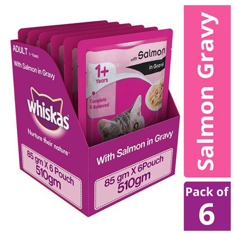 Whiskas Adult (1 Yrs+) Salmon in Gravy, Wet Cat Food 85 g (Pack of 6 Pouches)